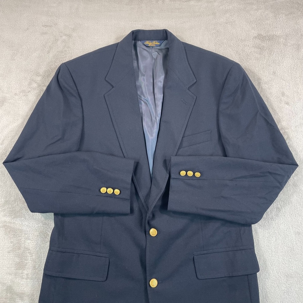 Vintage Brooks Brothers Hopsack Knit Gold Button Blazer 41L Navy Blue Made USA